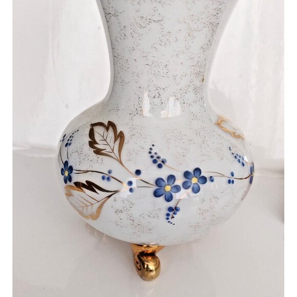 Three Footed French Frosted Glass Vase with Gold Gilding & Painted Florals MCM - Picture 9 of 13